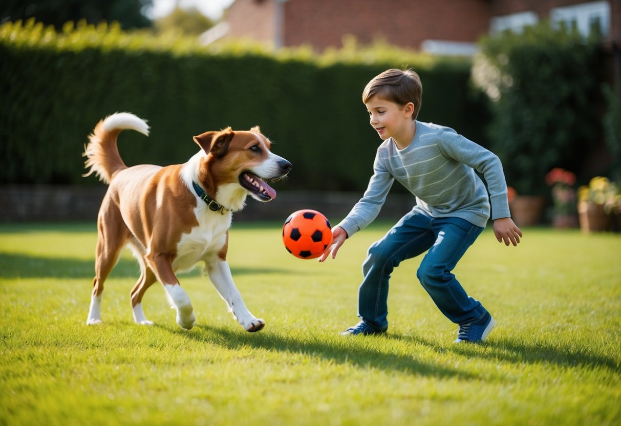 A medium-sized, friendly dog playing fetch with an 11-year-old boy in a spacious backyard