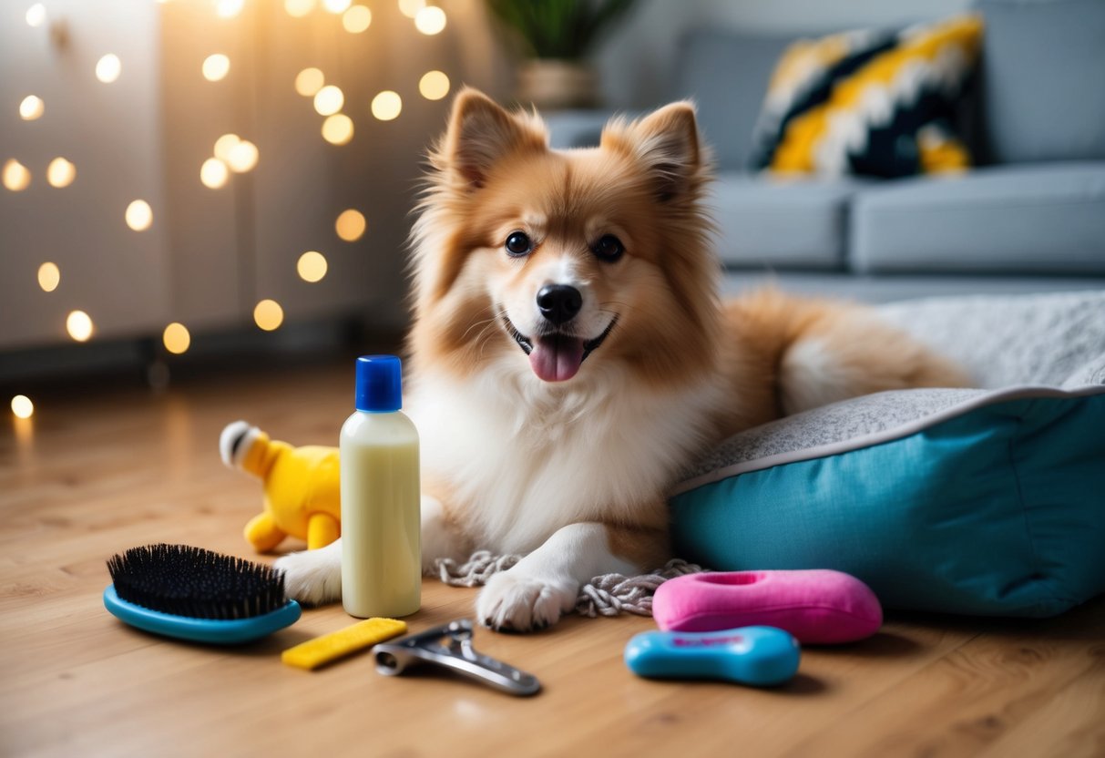 A fluffy dog lying next to a brush, shampoo bottle, and nail clippers, surrounded by a cozy bed and toys