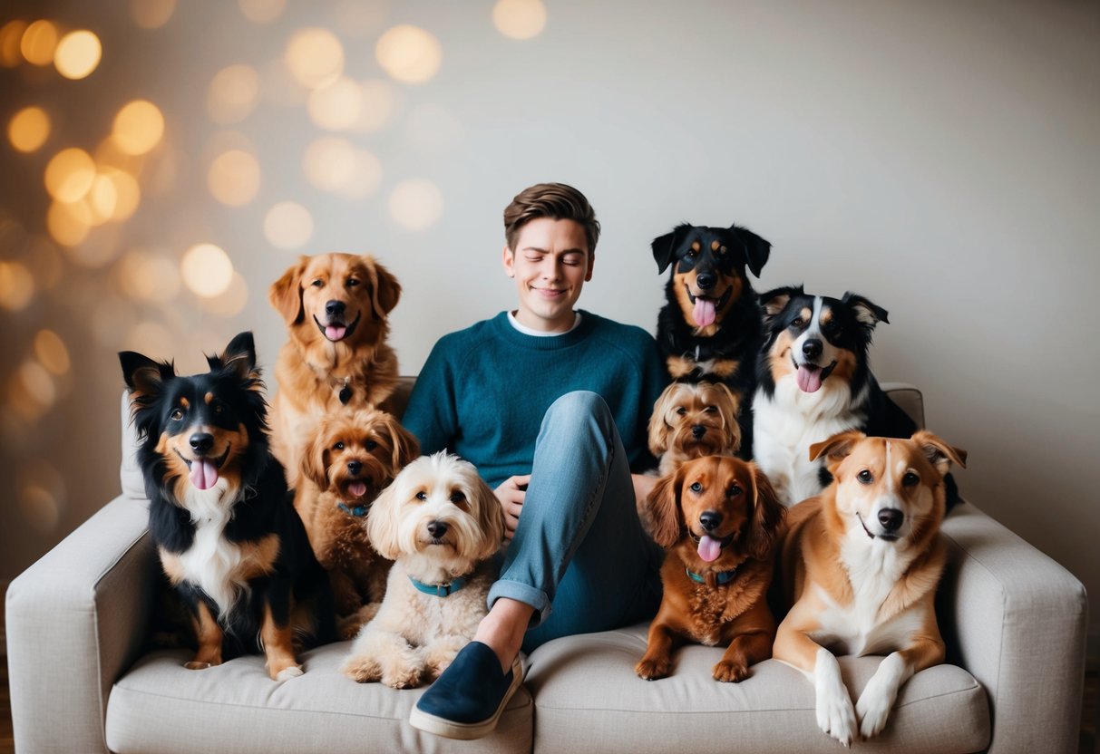A person sitting on a cozy couch with a variety of dog breeds surrounding them, each displaying different expressions of affection and comfort