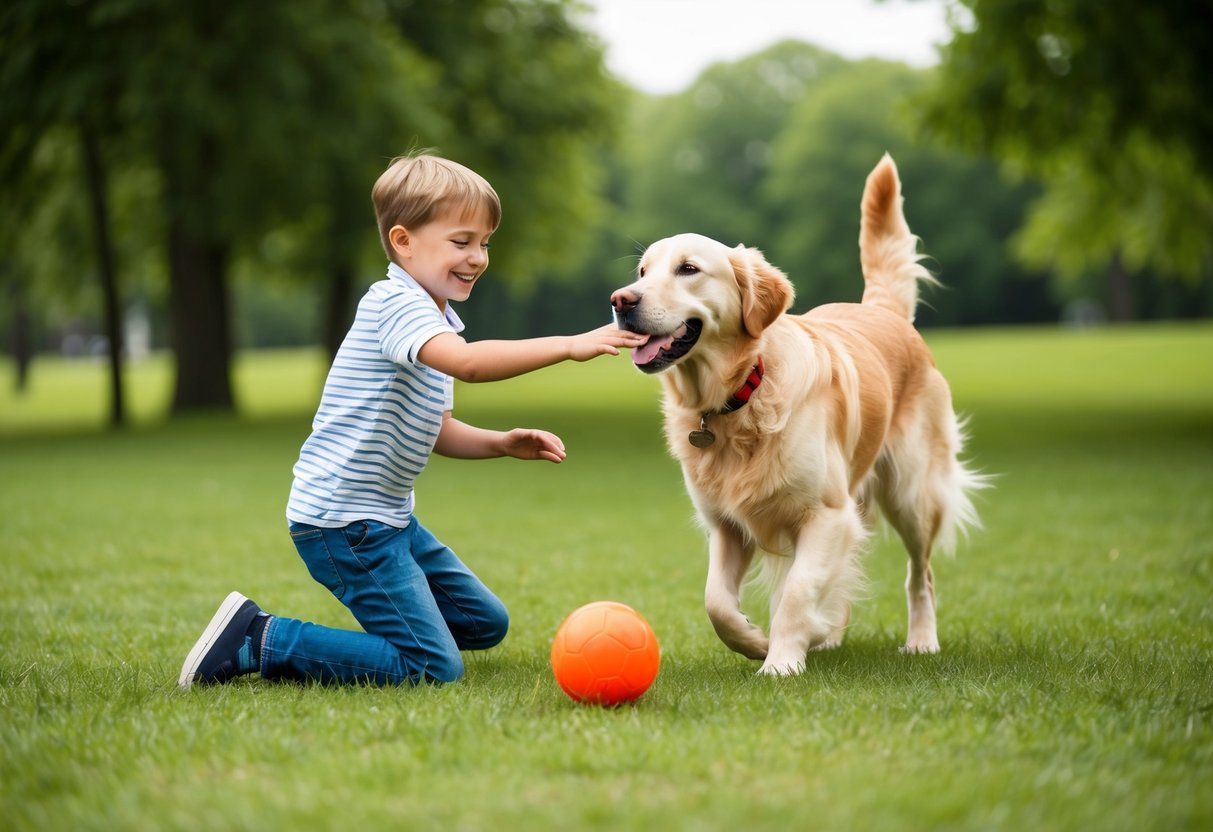 A happy 9-year-old boy playing fetch with a friendly golden retriever in a grassy park