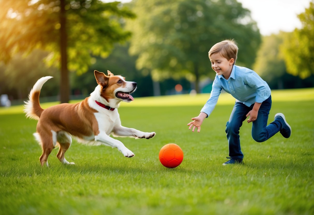 A 9-year-old boy playing fetch with a friendly and energetic dog in a grassy park
