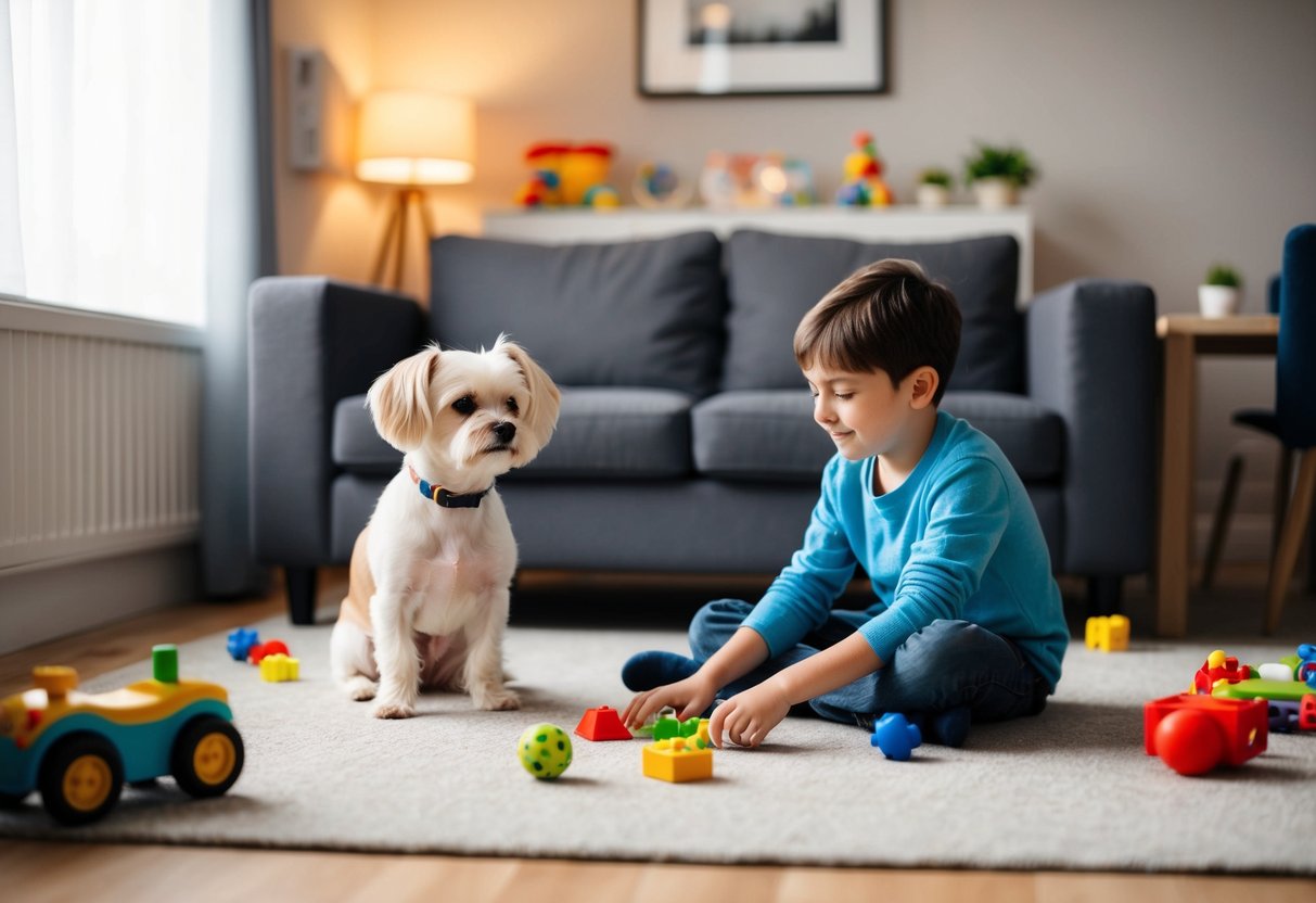 A small dog sitting next to a 9-year-old boy playing in a compact living room with toys scattered around
