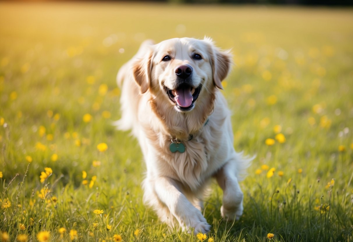 A joyful golden retriever named Luna plays in a sunlit meadow