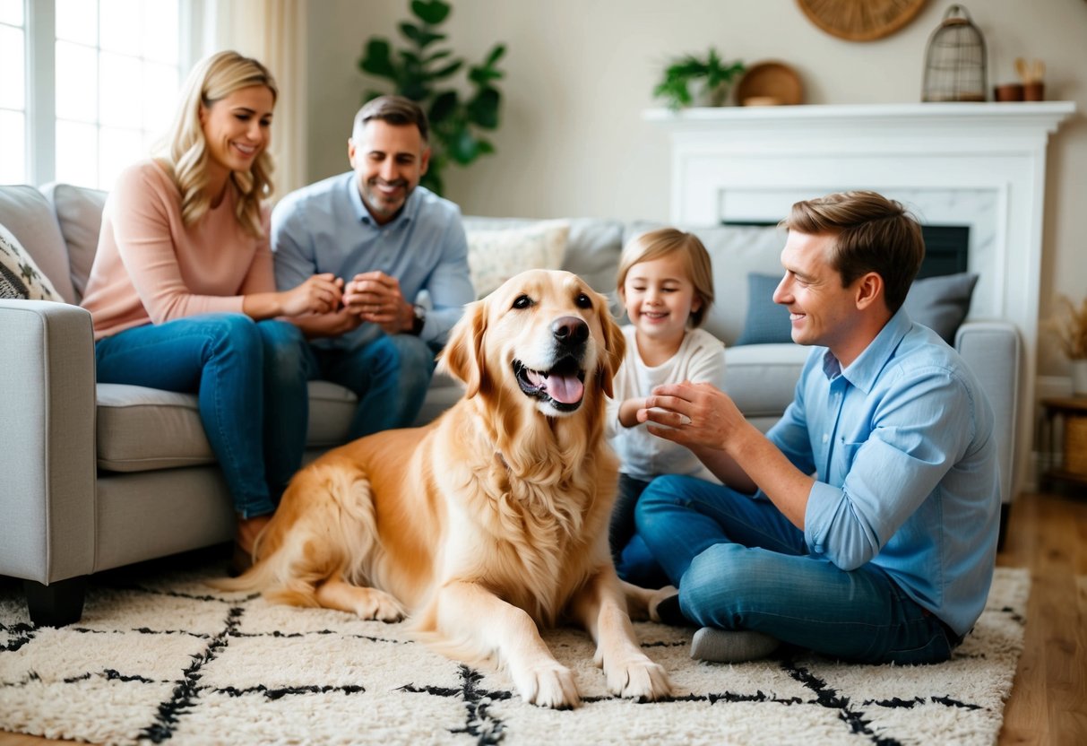 A happy Golden Retriever playing with a family in a cozy living room
