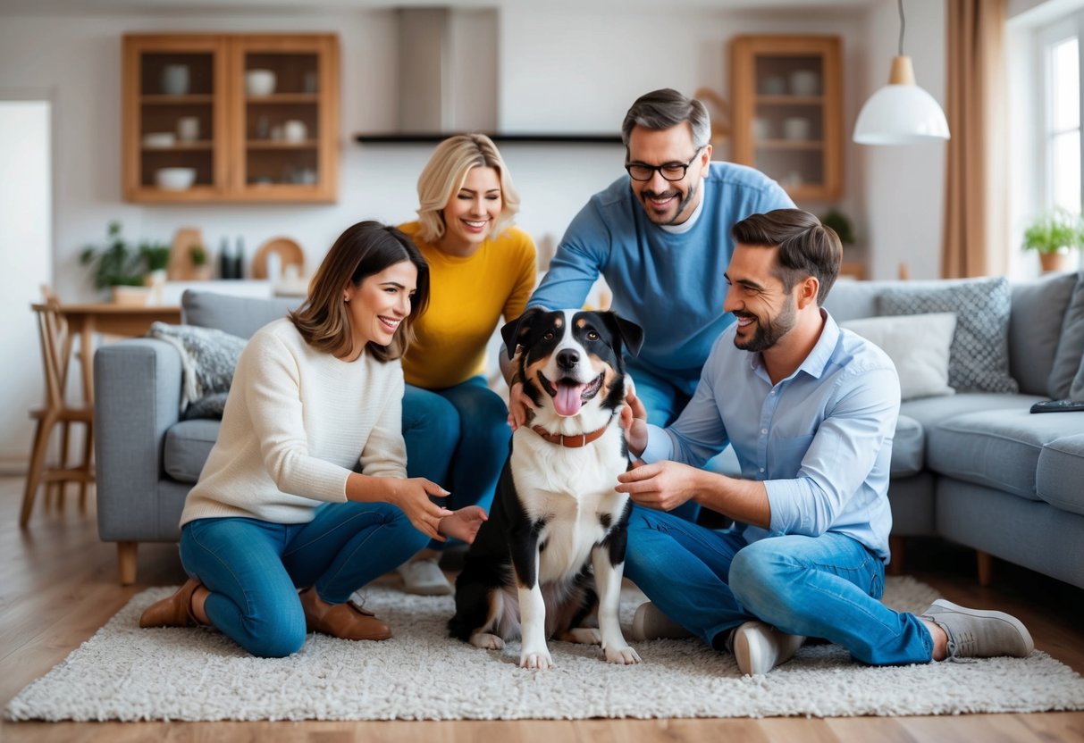 A happy family playing with a friendly and well-behaved dog inside their cozy home