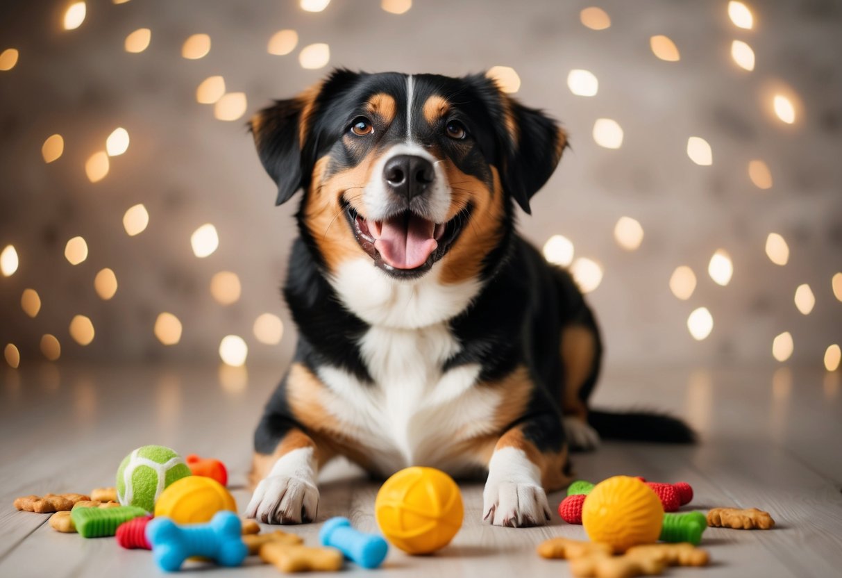 A happy dog responding to its name, surrounded by toys and treats