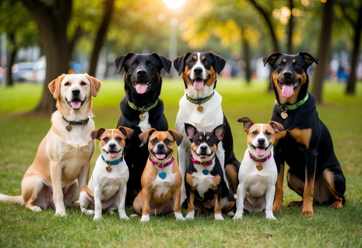 A group of playful dogs of various breeds and sizes, each wearing a unique collar with a name tag, gather in a park setting