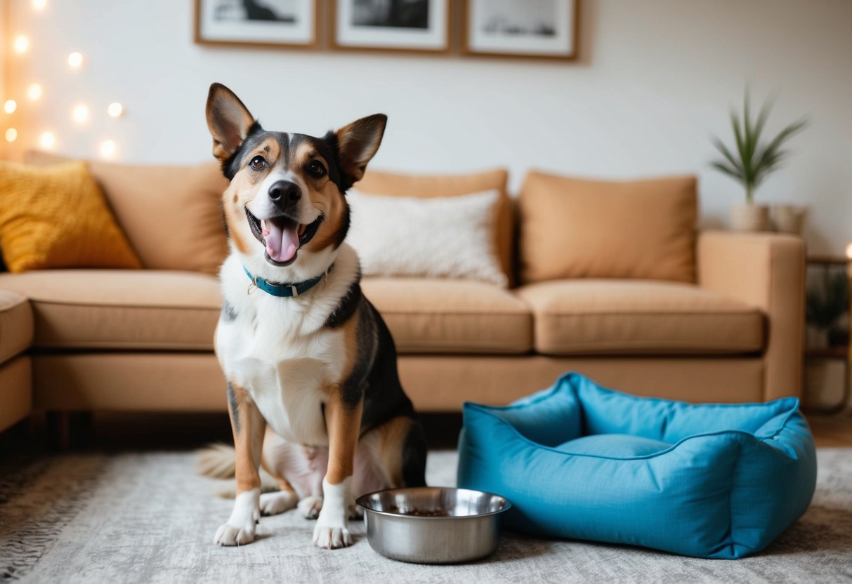 A happy, energetic dog with a wagging tail and bright eyes, sitting beside a bowl of fresh water and a comfortable bed in a cozy living room