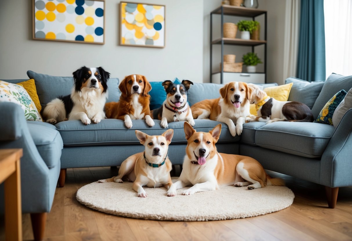 A cozy living room with a variety of unique and less common house dogs lounging and playing together