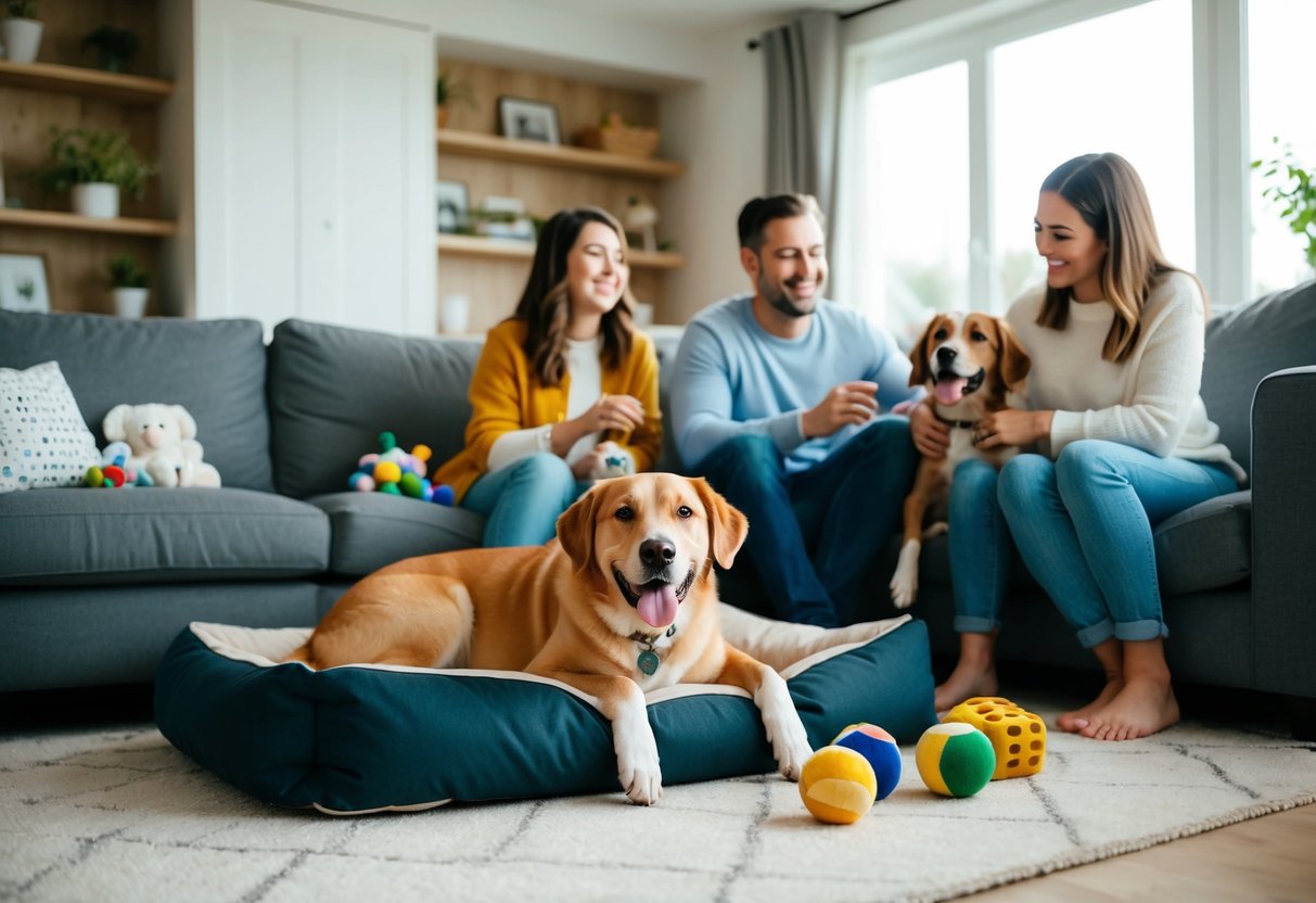 A cozy living room with a happy dog lying next to a family, surrounded by toys and a comfortable dog bed