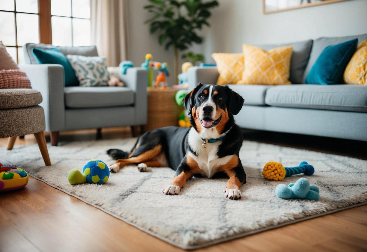 A cozy living room with a family-friendly dog breed lounging on a soft rug, surrounded by toys and comfortable furniture