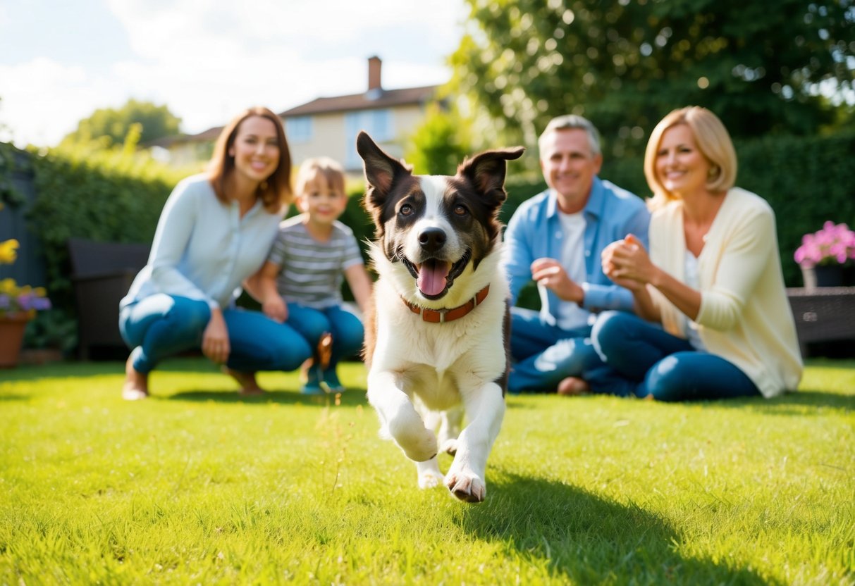 A happy, energetic dog playing in a spacious, sunlit backyard surrounded by a loving family