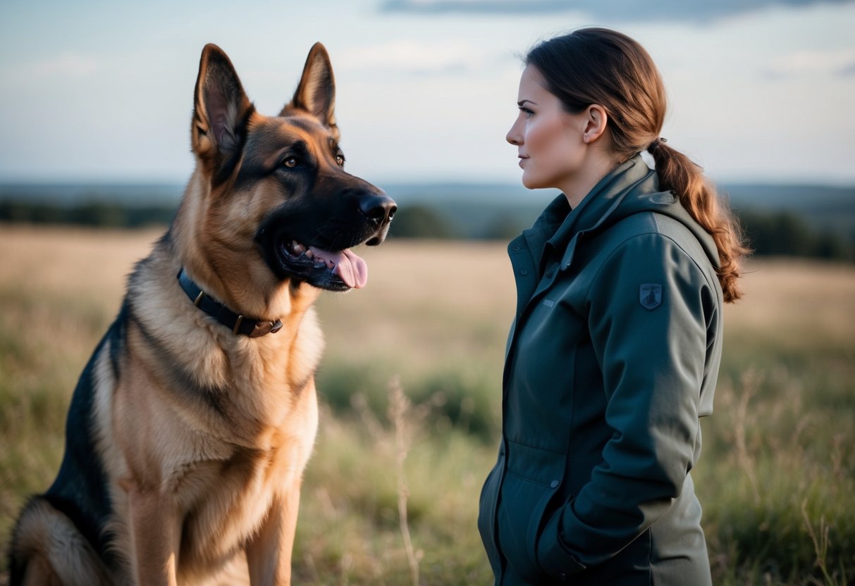 A large, vigilant German Shepherd stands protectively beside a woman, its ears perked and eyes focused on the horizon