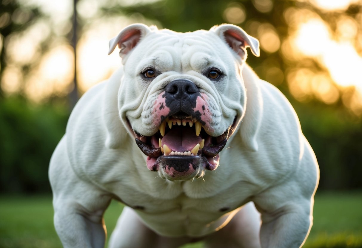 A muscular bulldog snarls, teeth bared, in a defensive stance, ready to fight