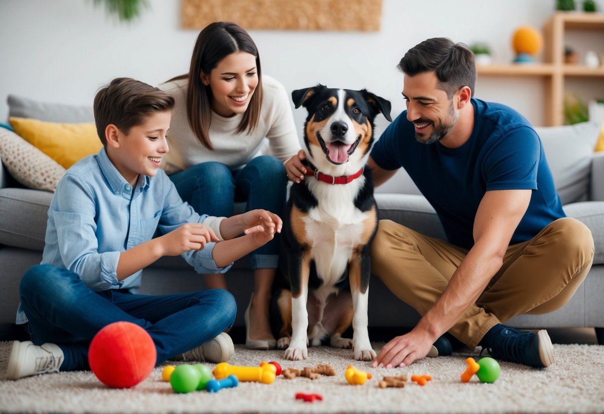 A family playing with a friendly and obedient dog in a cozy living room setting, with toys and training treats scattered around