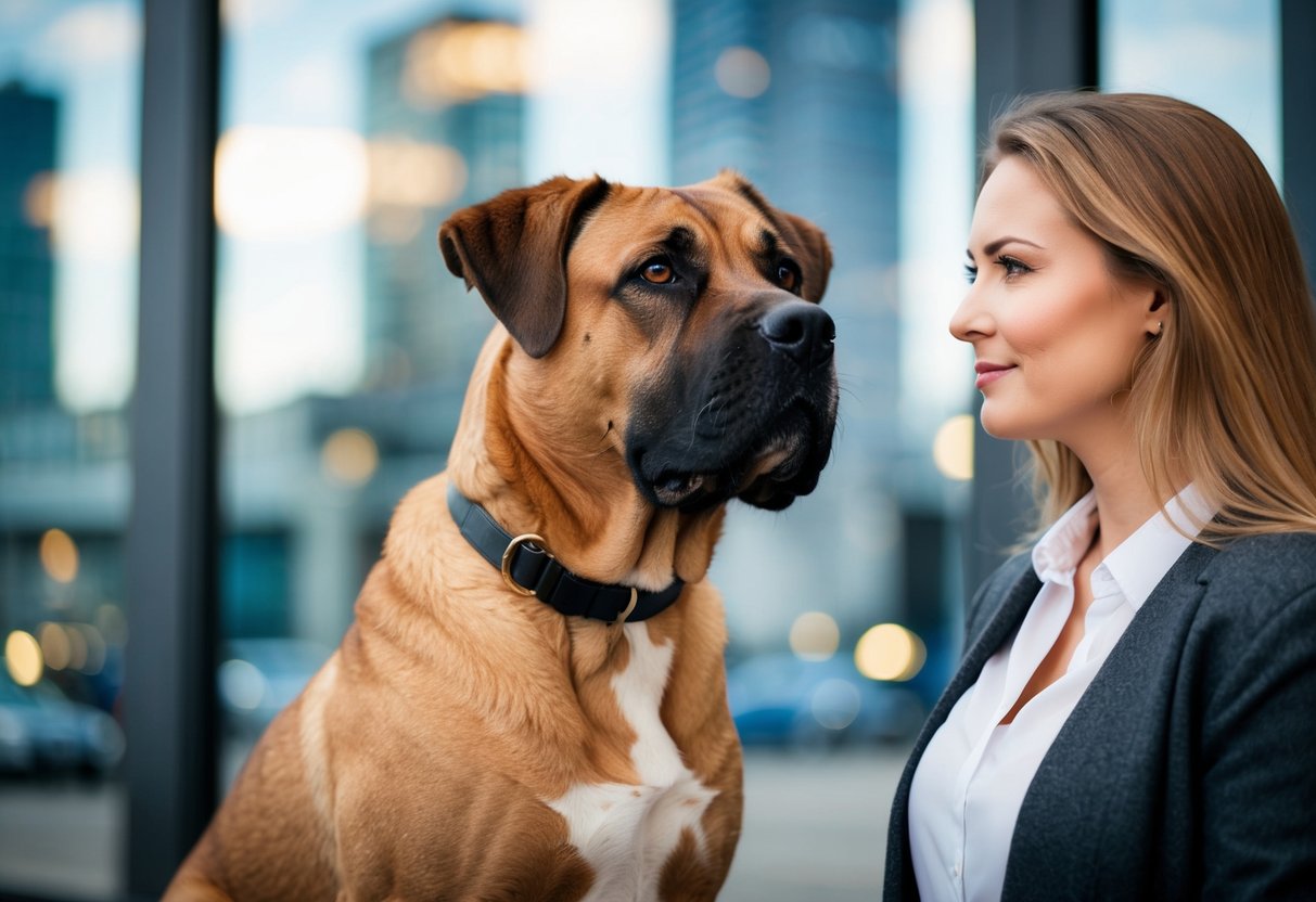 A large, alert guard dog stands in front of a woman, looking out protectively