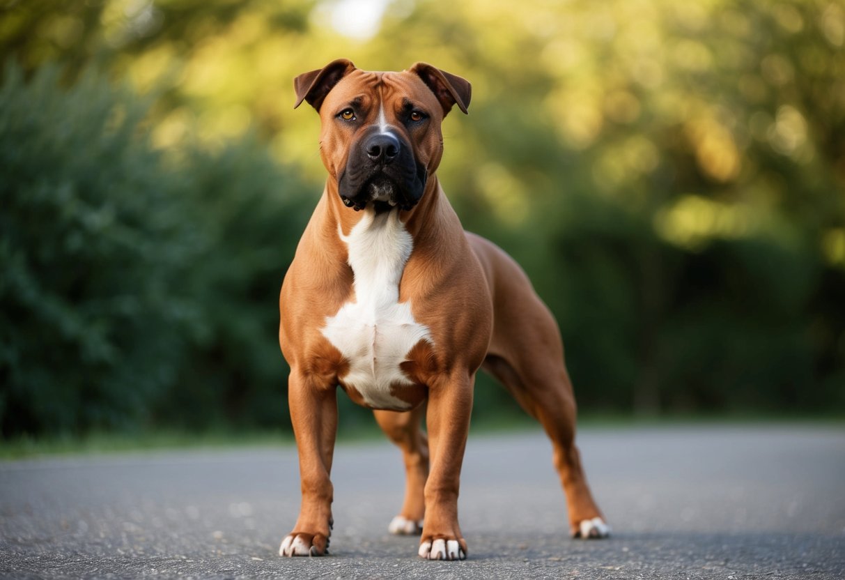 A muscular and confident American Staffordshire Terrier stands proudly, ready to defend and protect its owner with a determined expression in its eyes