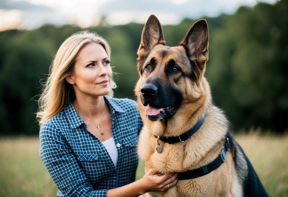 A large, alert German Shepherd stands protectively beside a woman, gazing out with intense focus