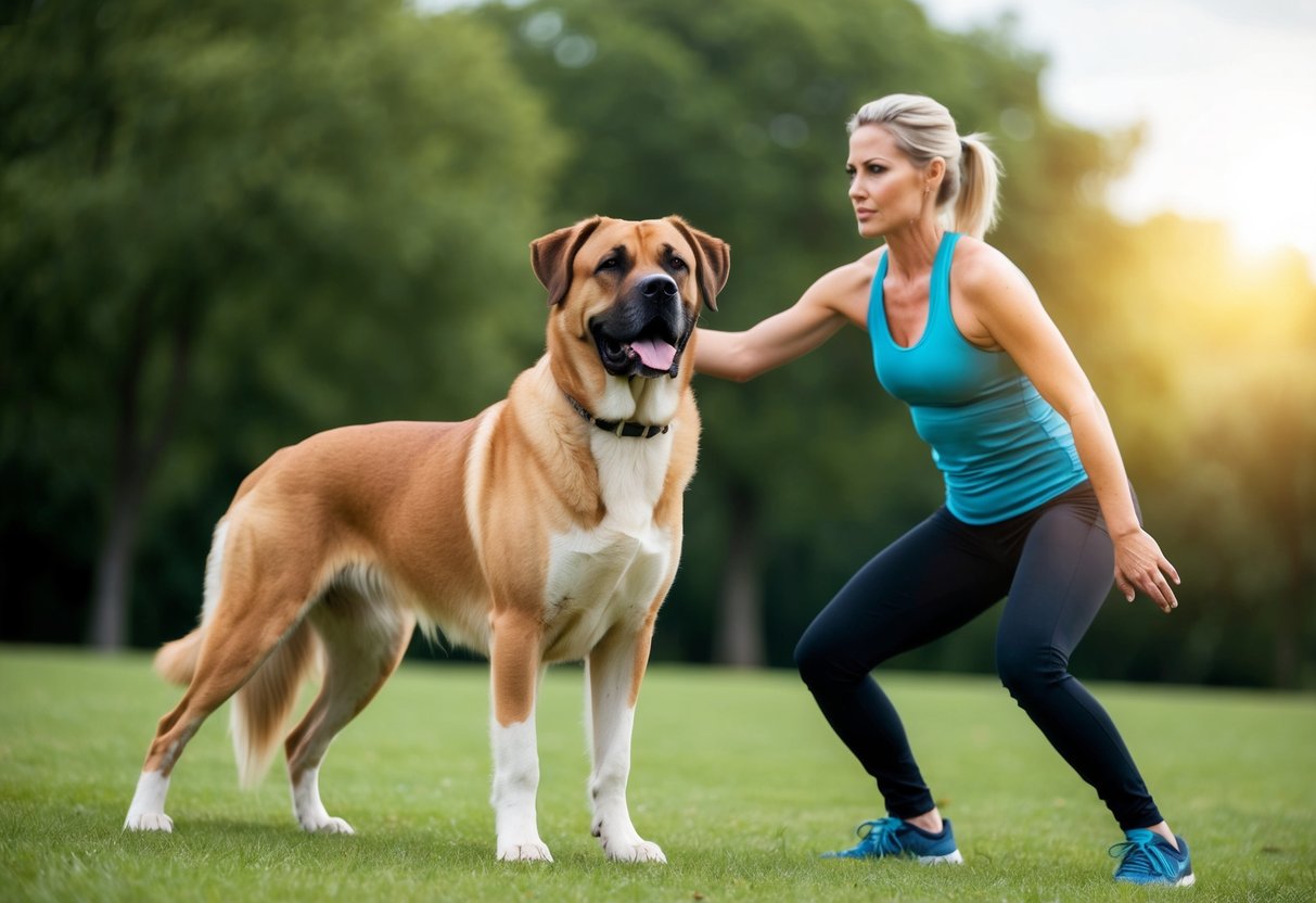 A large, alert dog stands protectively by his owner, a woman exercising outdoors. The dog's stance is confident and vigilant, ready to defend his owner if needed