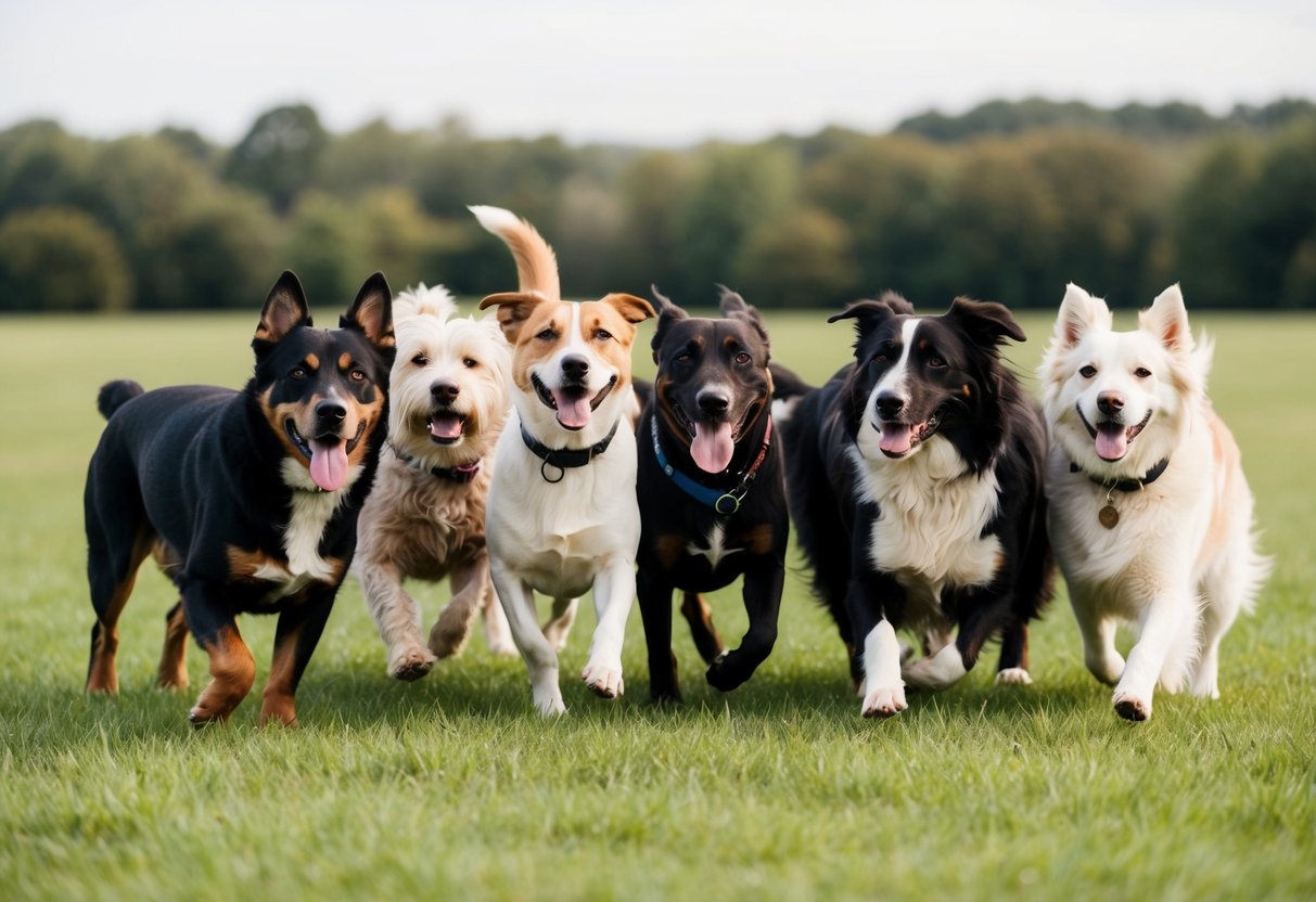 A peaceful, diverse group of dogs of various breeds and sizes playing together in a spacious, grassy field, showing signs of happiness and contentment