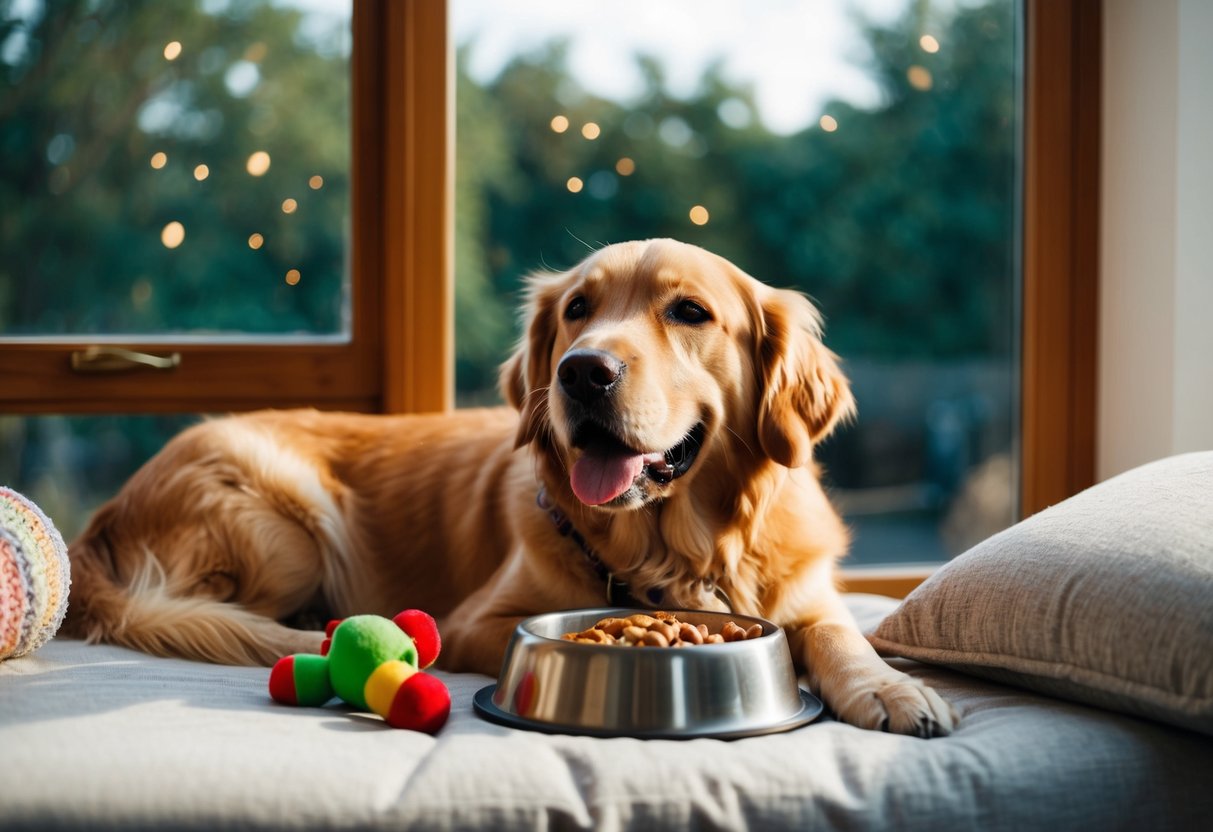 A golden retriever lounges on a cozy bed, surrounded by toys and a food bowl, gazing out a sunny window