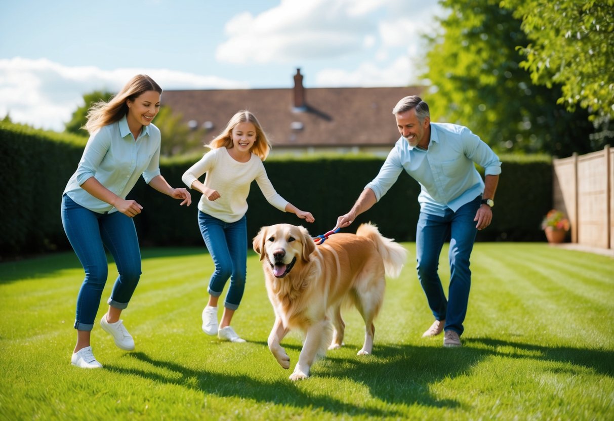 A happy family playing with a loyal and friendly golden retriever in a spacious backyard on a sunny day