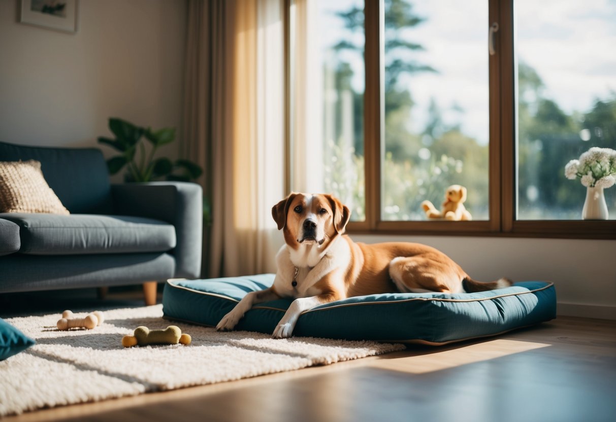 A cozy living room with a large window, a comfortable dog bed, and a few toys scattered around. A calm, independent dog lounges contently in the sunlight streaming through the window