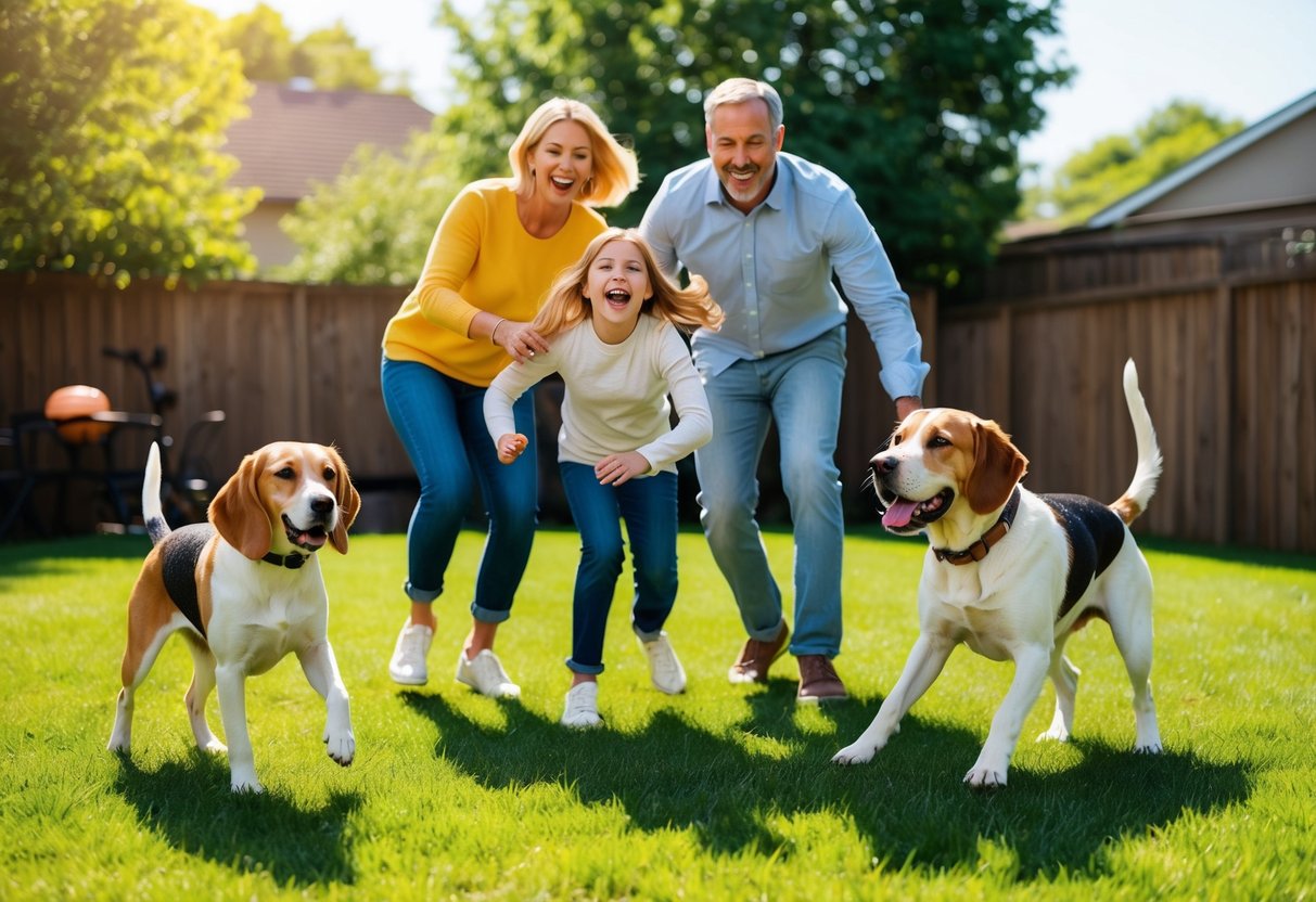 A joyful family of four plays in a sunny backyard with their loyal and gentle golden retriever, a playful and energetic beagle, and a loving and protective Labrador retriever