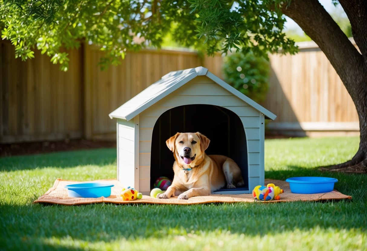 A serene backyard with a cozy doghouse nestled under a shady tree, surrounded by toys and a water bowl, as a content independent dog lounges in the sun