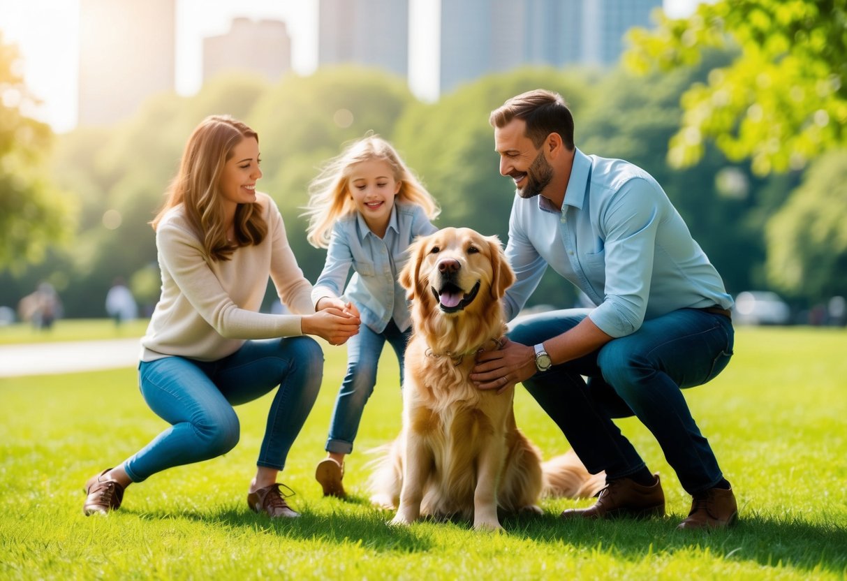 A happy family playing with a friendly golden retriever in a sunny park