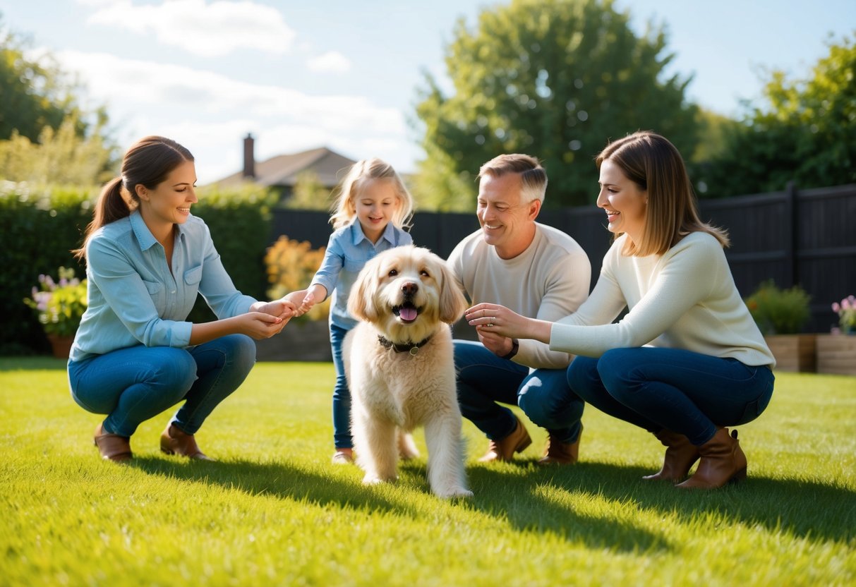 A happy family playing with a loyal and gentle dog in a spacious backyard, showcasing the ideal family dog for 2024