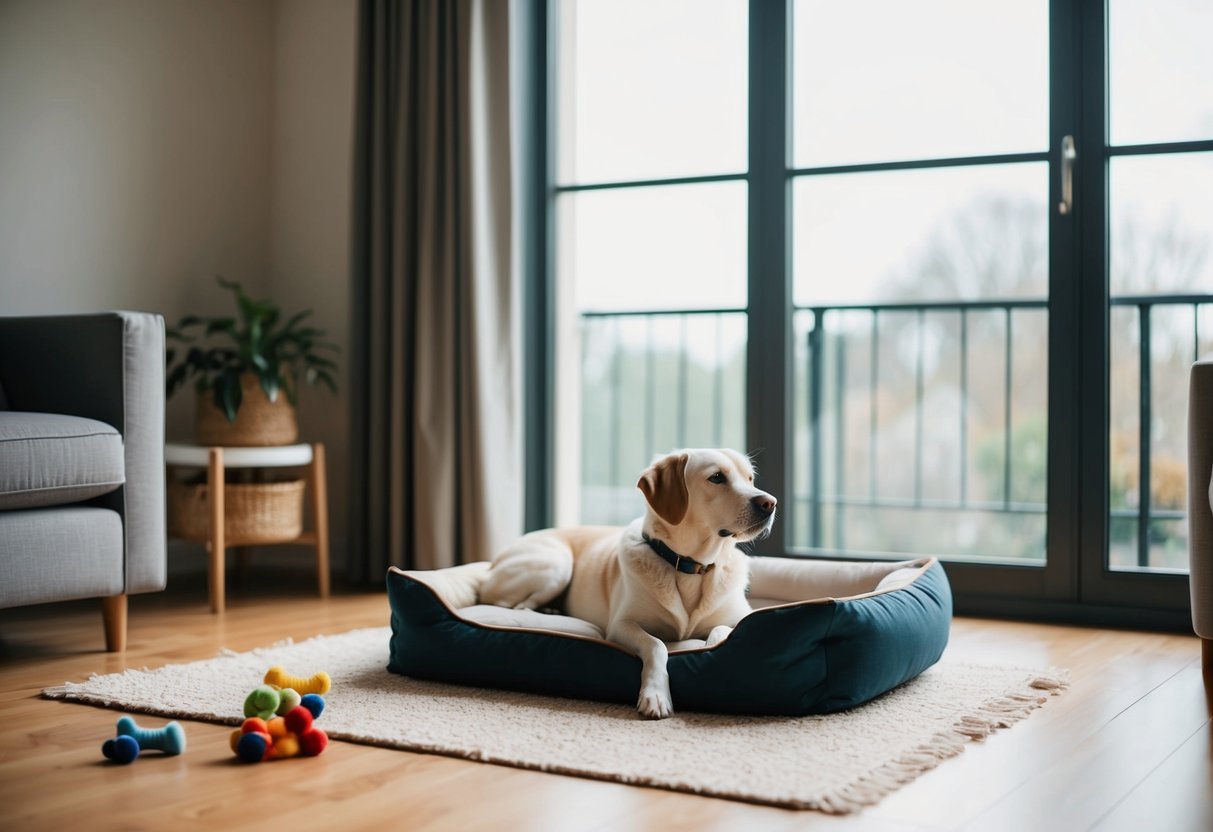 A cozy living room with a large window, comfortable dog bed, and a few toys scattered on the floor. A calm and content dog lays on the bed, looking out the window