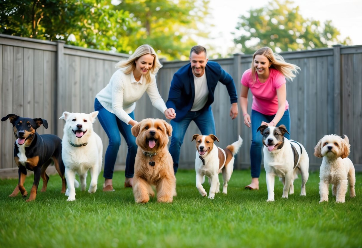 A family playing in a fenced backyard with a variety of dog breeds. Each dog exhibits unique characteristics such as size, coat, and energy level