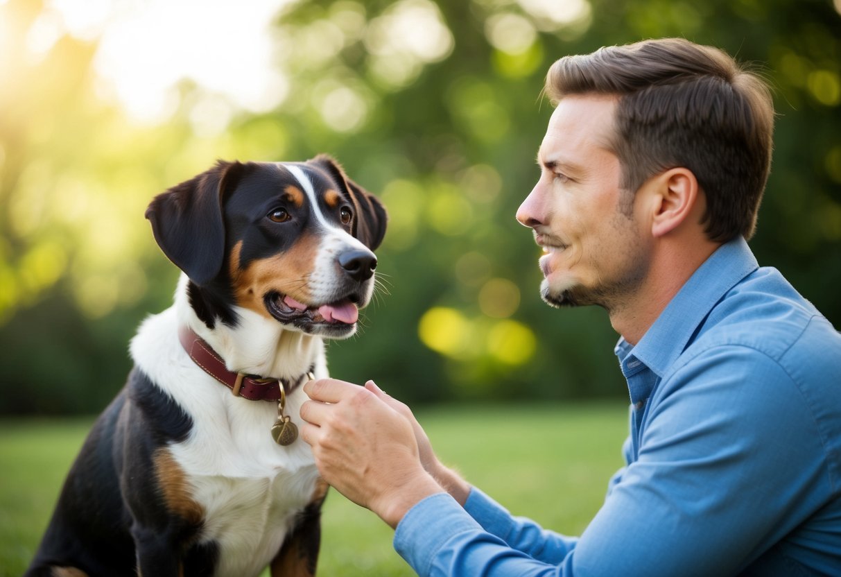 A well-behaved dog sitting attentively next to its owner, responding to commands with focus and obedience