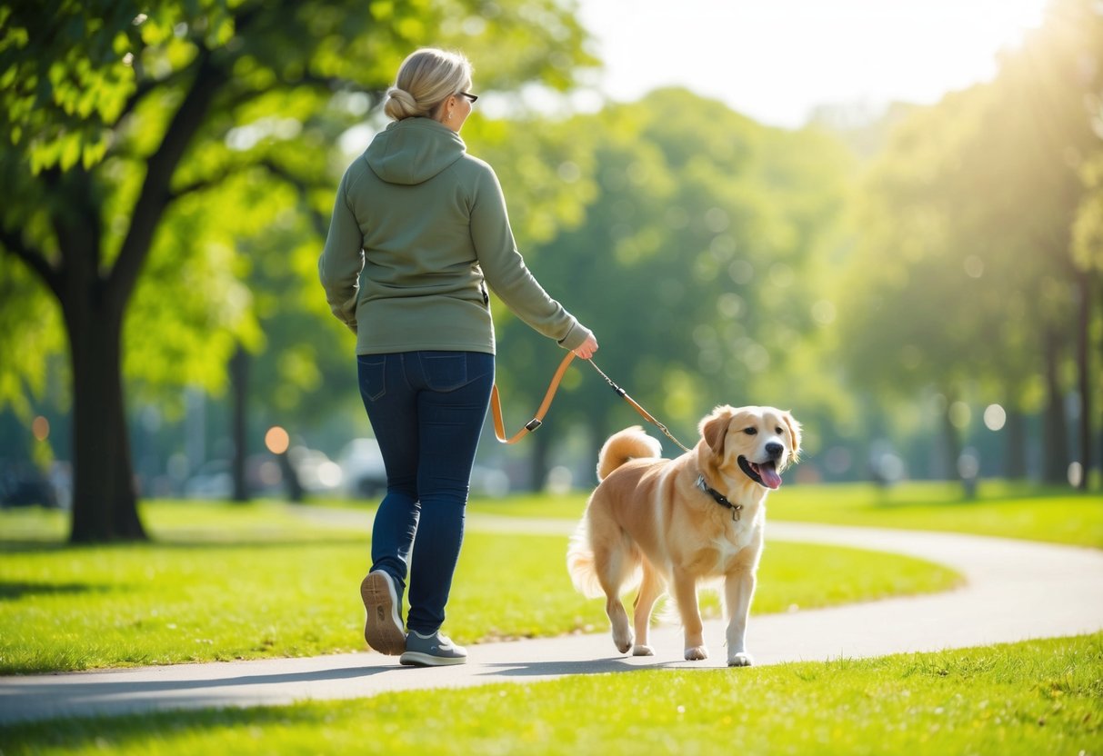 A person walking a happy and healthy dog in a green park on a sunny day