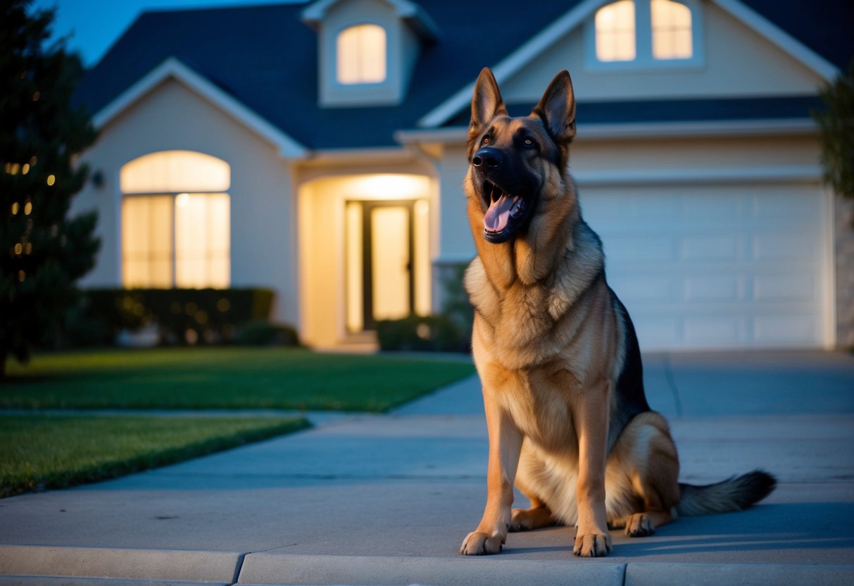A large German Shepherd standing guard in front of a suburban house at night, barking fiercely at a potential intruder