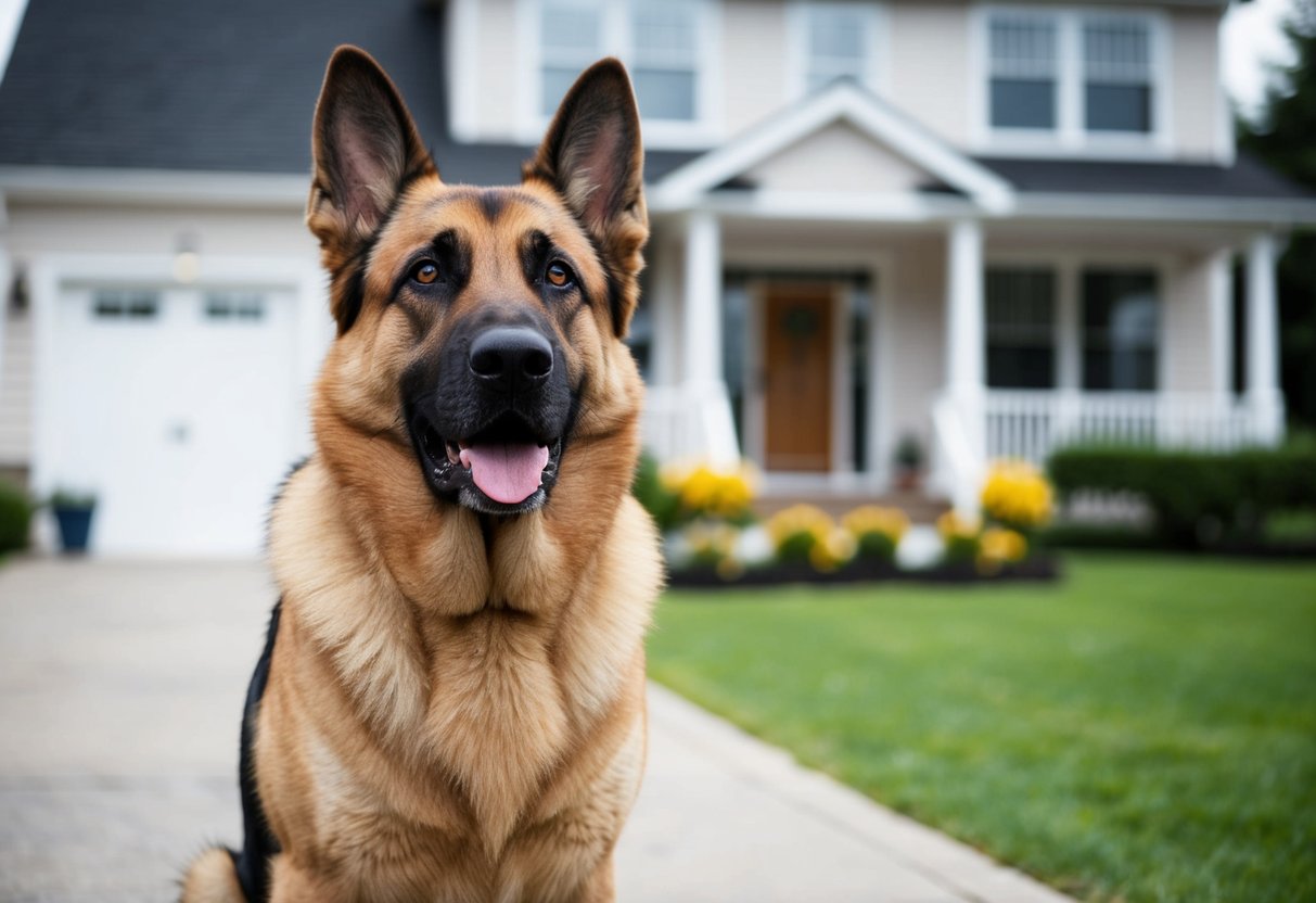 A large, alert German Shepherd stands at attention in front of a family home, its ears perked and eyes focused, ready to protect
