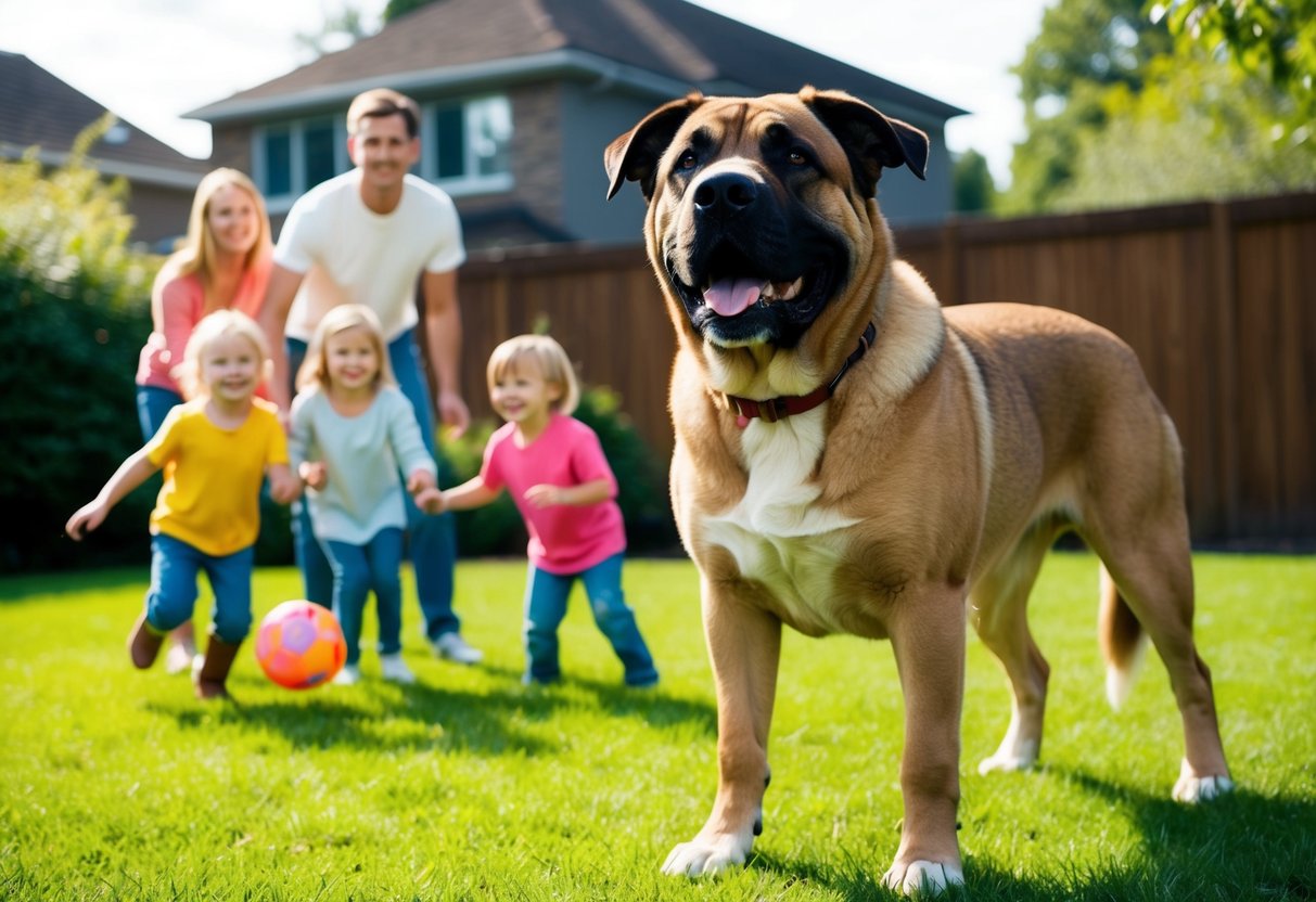 A large, sturdy dog stands proudly in a backyard, watching over a smiling family playing together