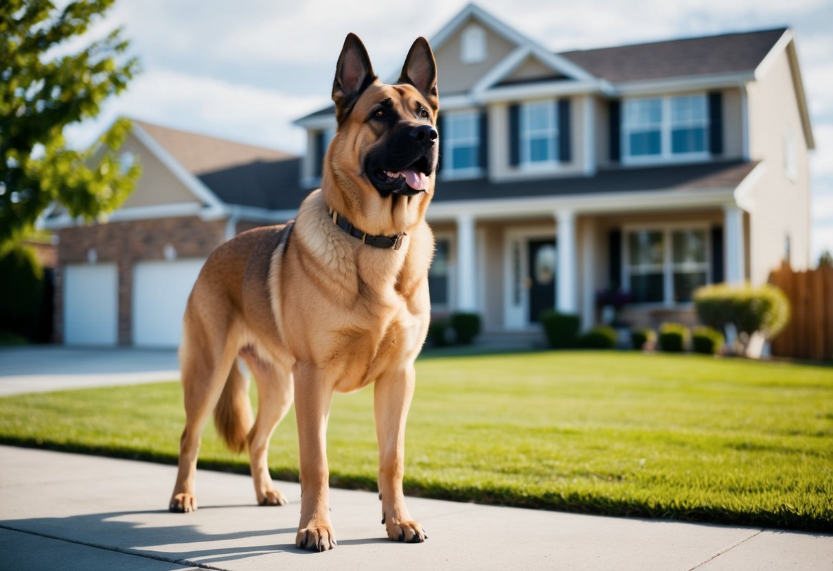 A large, alert dog standing guard in front of a suburban house, ears perked and tail raised, exuding confidence and readiness to protect