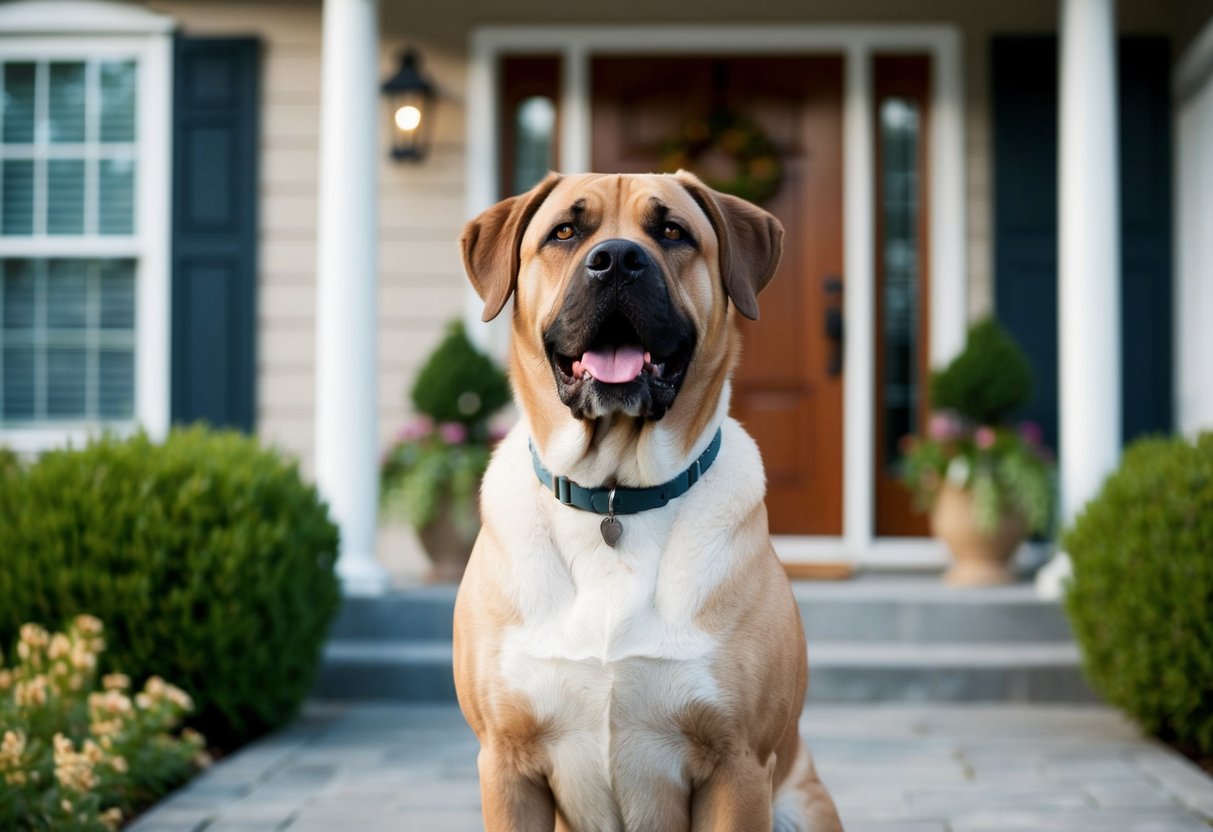 A large, alert dog standing proudly in front of a welcoming home, exuding a sense of protection and security