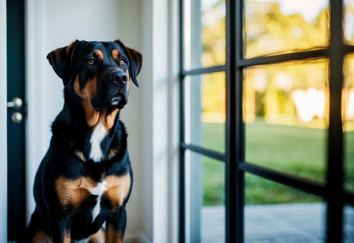 A loyal family guard dog standing watch in a home, alert and protective, with a strong and confident presence