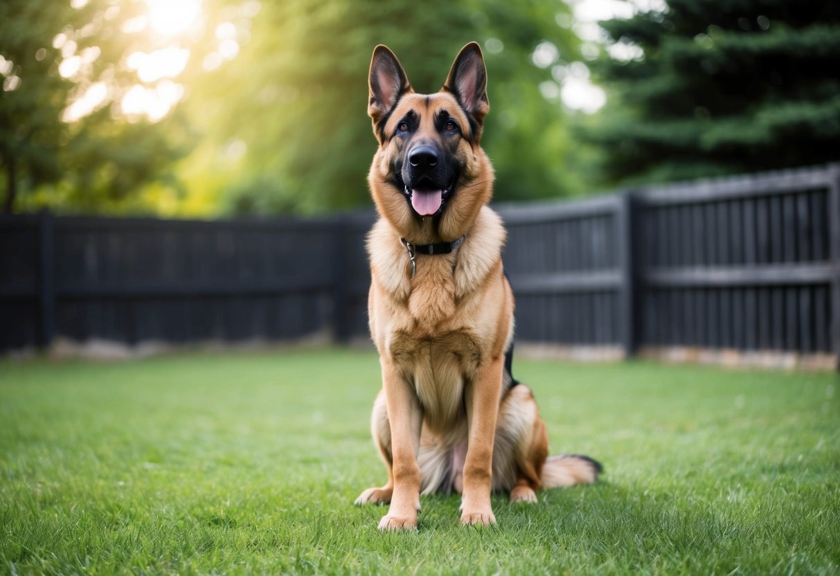 A large, alert German Shepherd stands in a fenced yard, ears perked and eyes focused, ready to protect its family