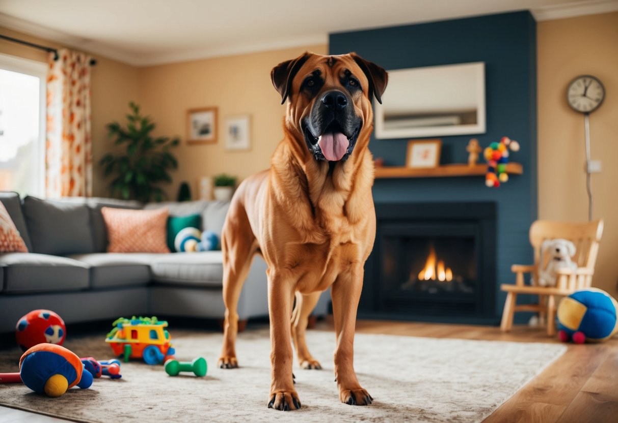 A large, alert guard dog stands proudly in a cozy family living room, surrounded by toys and a warm, welcoming atmosphere