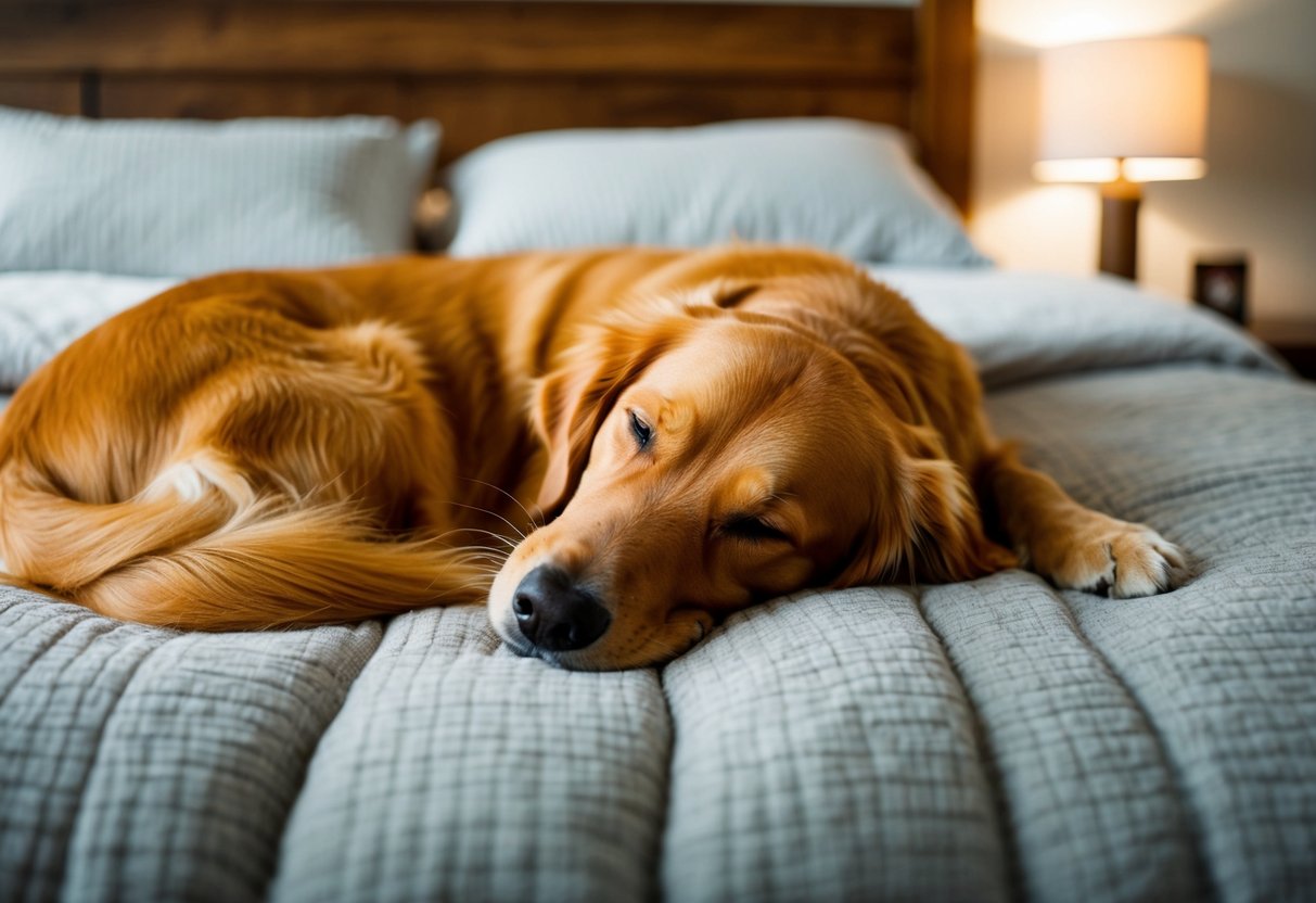 A golden retriever curled up on a cozy bed, peacefully sleeping