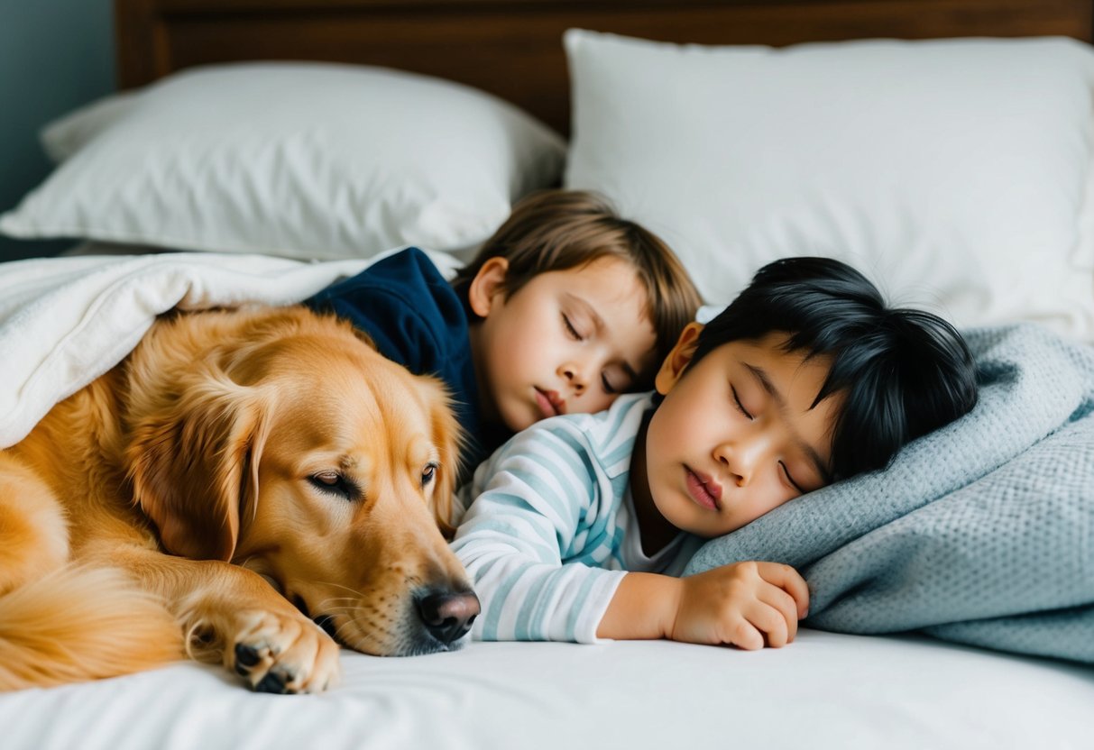 A cozy bedroom with a fluffy golden retriever curled up next to a young child, both peacefully asleep under a soft blanket