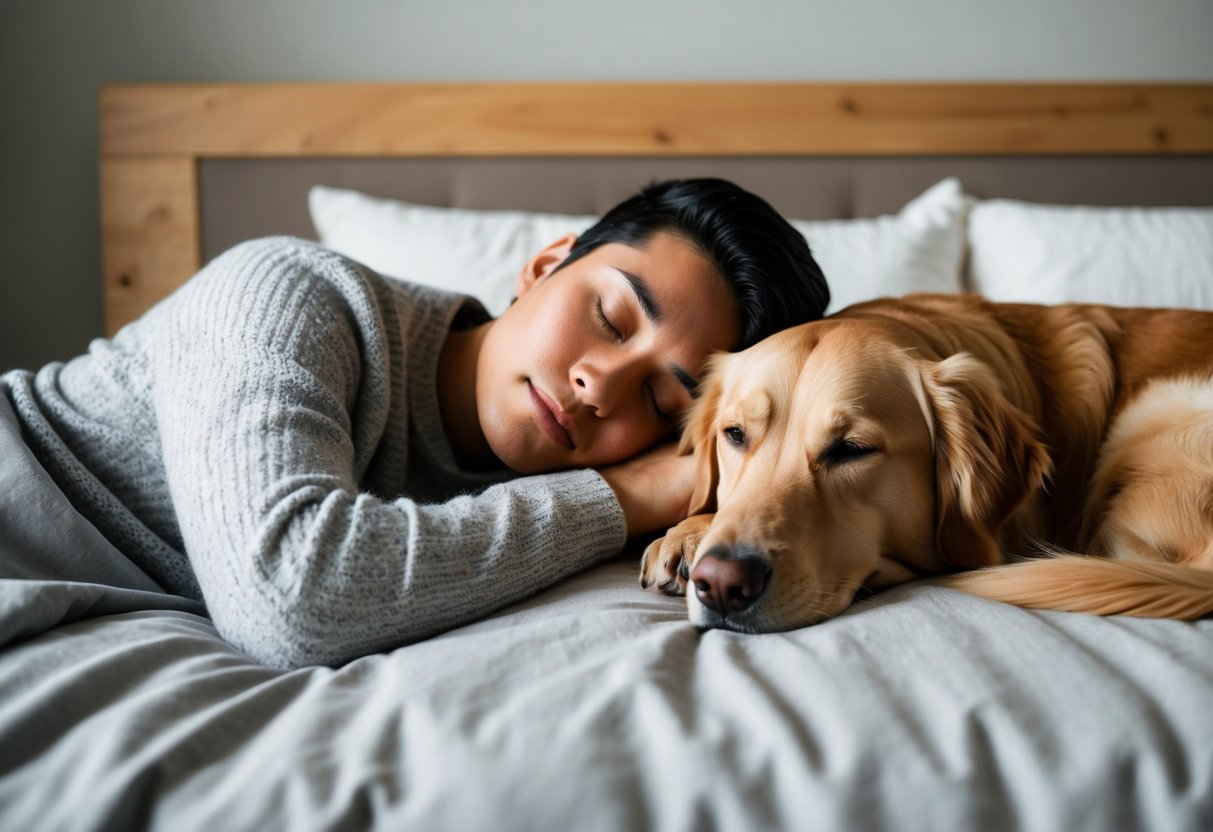 A person sleeping peacefully with a Golden Retriever curled up next to them on a cozy bed
