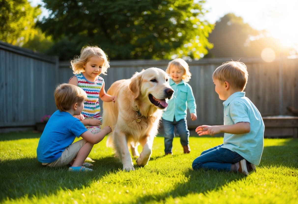 A golden retriever playing with children in a sunny backyard