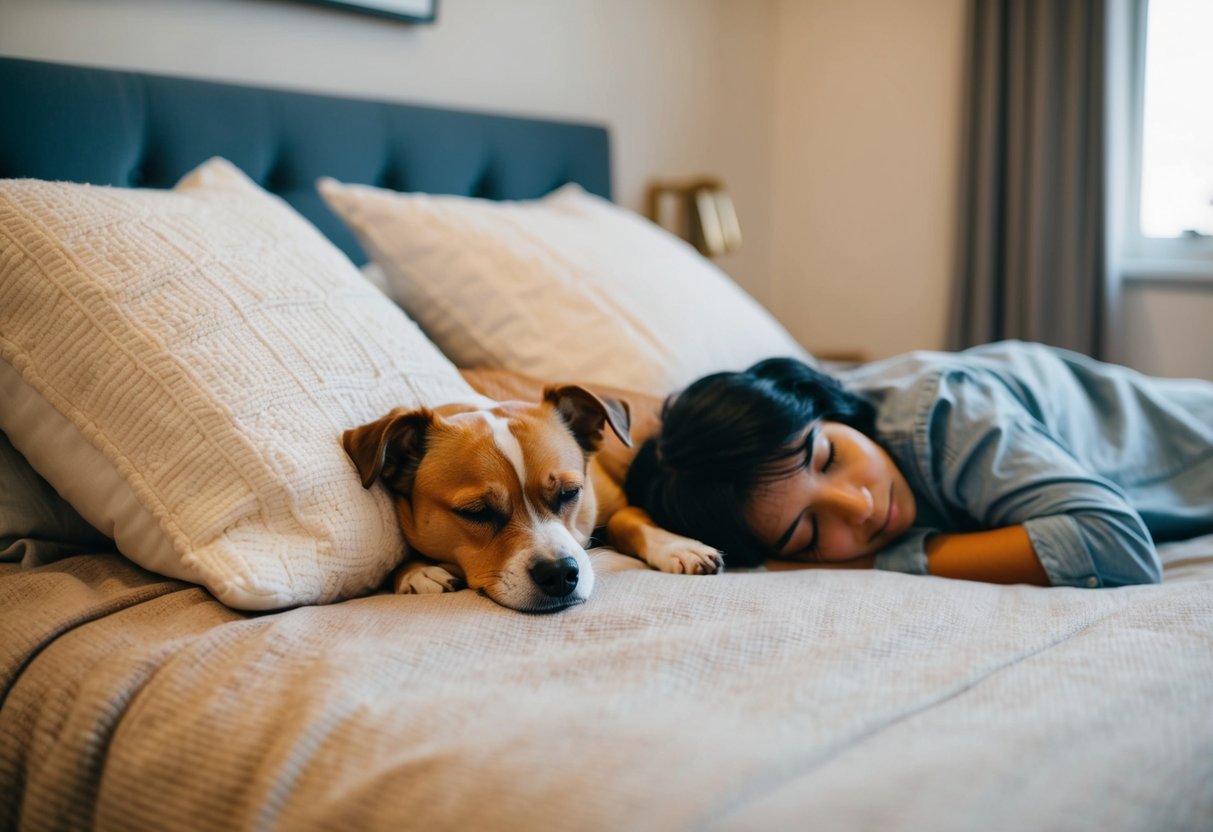 A cozy bedroom with a small to medium-sized dog curled up on a soft bed next to its owner, both peacefully sleeping