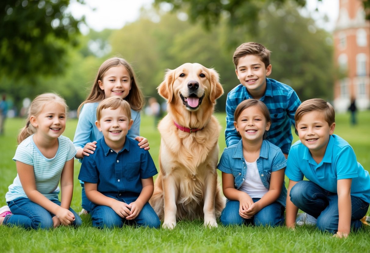 A happy, playful Golden Retriever surrounded by smiling children in a grassy park
