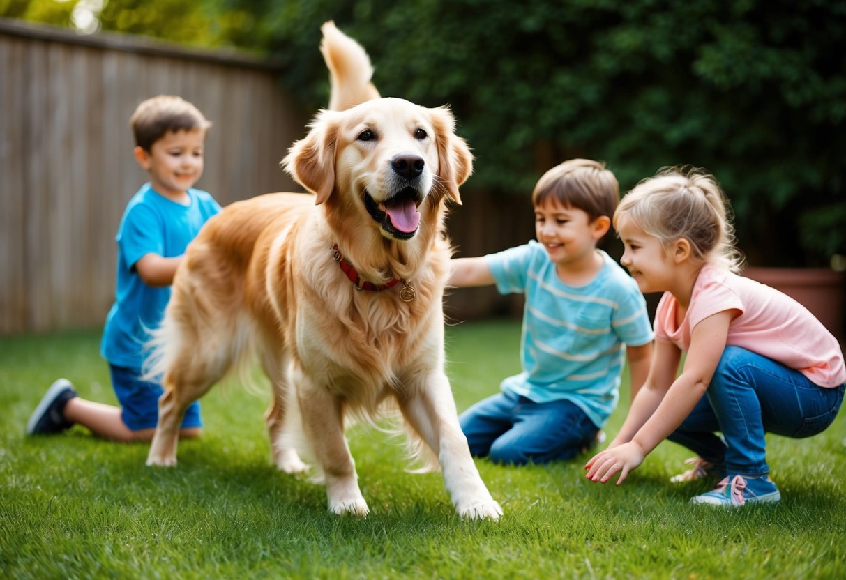 A golden retriever playing with children in a backyard, wagging its tail and showing no signs of aggression